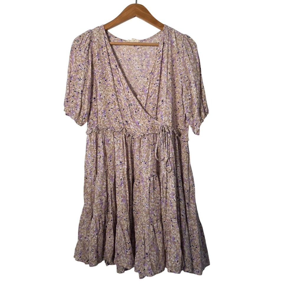 Easel Floral Tiered Cotton Mini Dress Purple Tan Wrap V-Neck Small